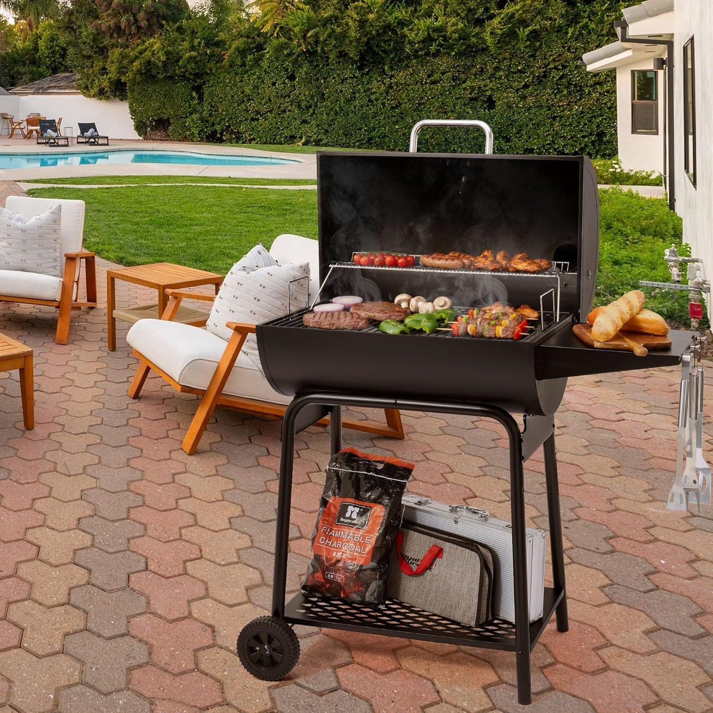 28 Inch Barrel Charcoal Grill with Warming Rack