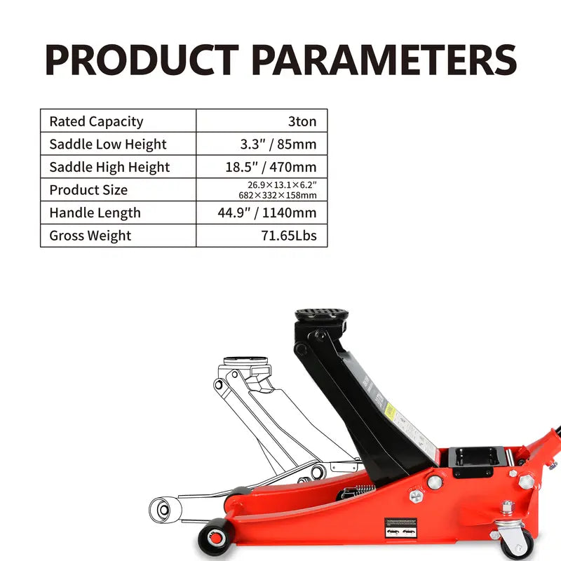 Hydraulic Low Profile and Steel  Jack 3 Ton (6600 lb) Capacity